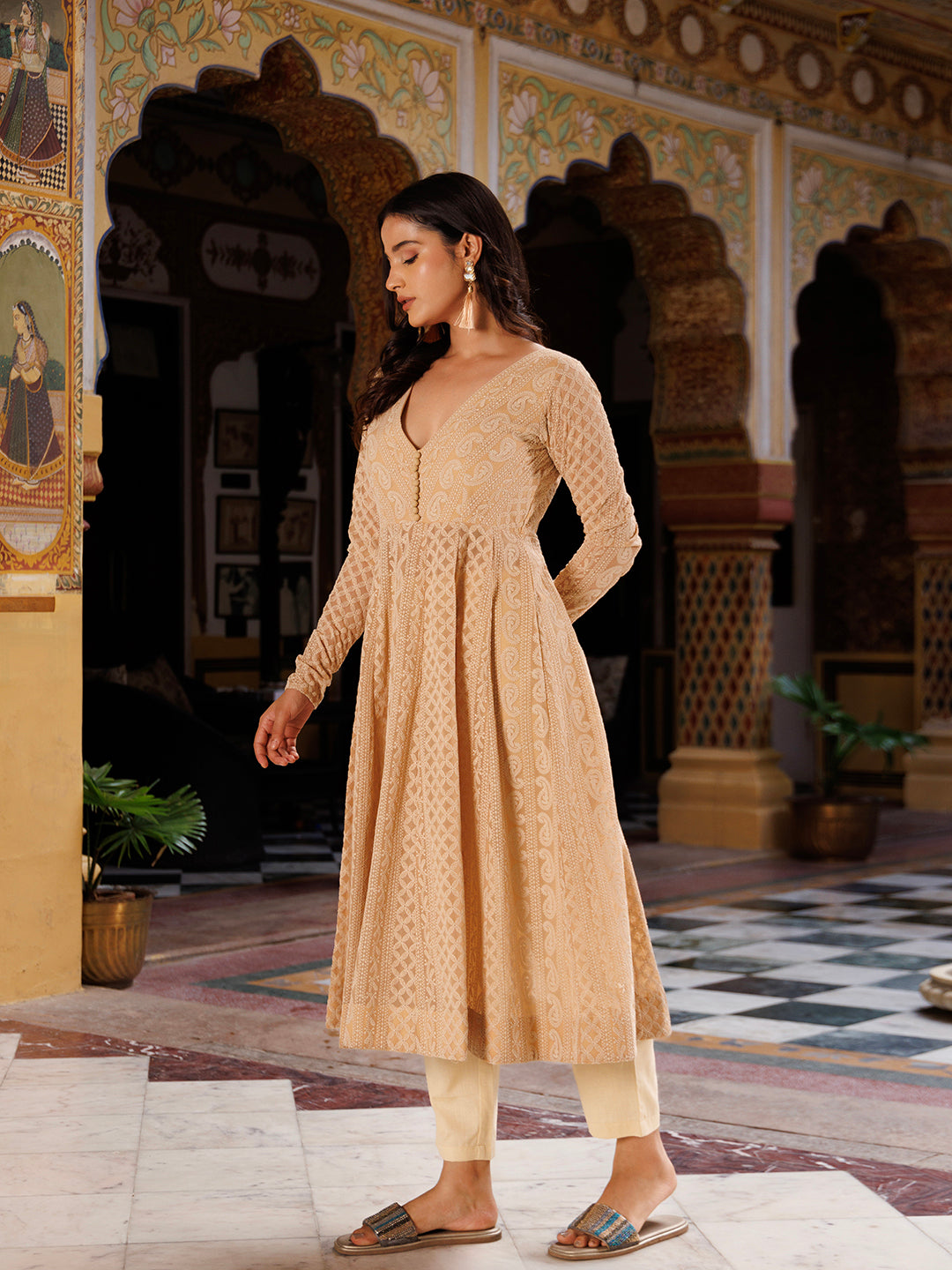 Nougat Nude Chikankari Kurta  - By Ragavi - qivii