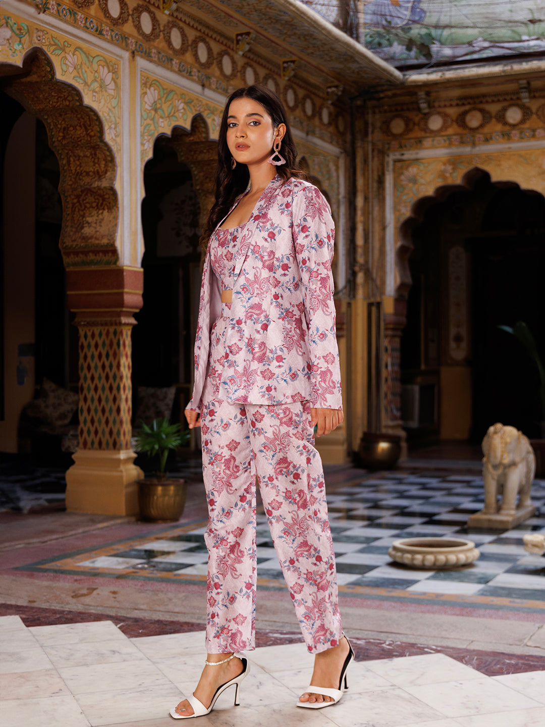 Gorgeous Veiled Rose Pink Co-Ord Set by Ragavi, crafted with intricate detailing and beautiful fabric, a must-have ensemble for any fashion-forward individual