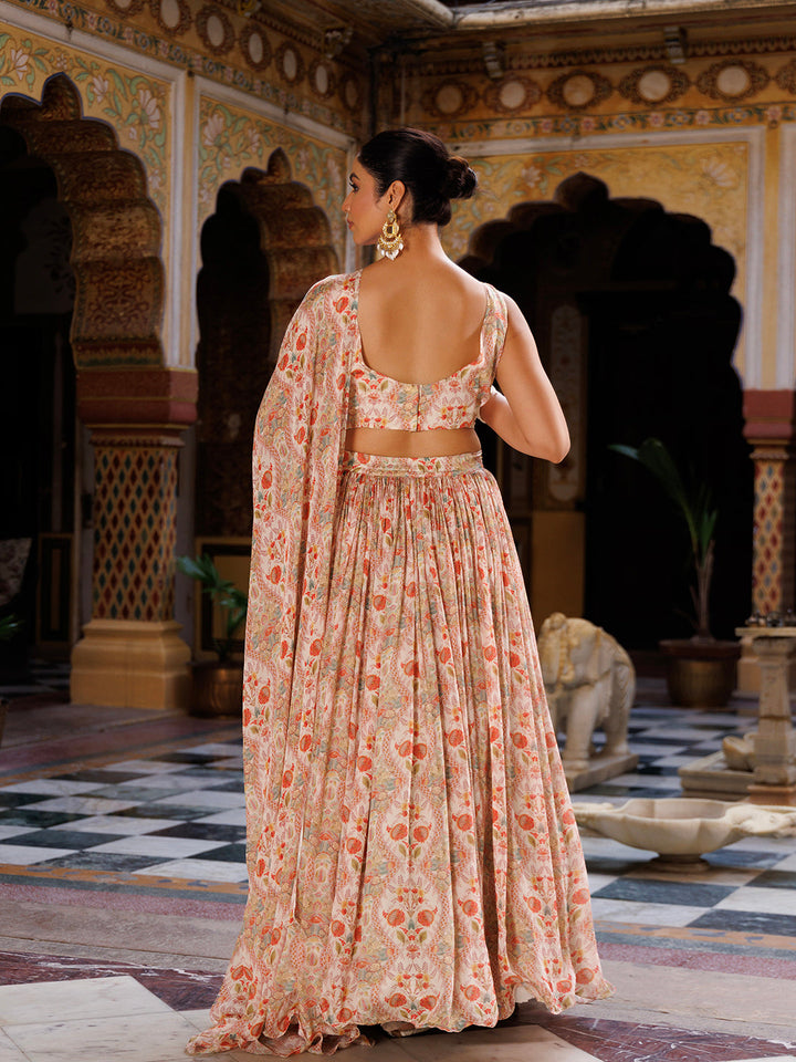 Off White Floral Printed Chinon Lehenga with Intricate Zari Embroidery 