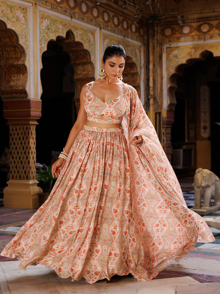 Off White Floral Printed Chinon Lehenga  - By Ragavi