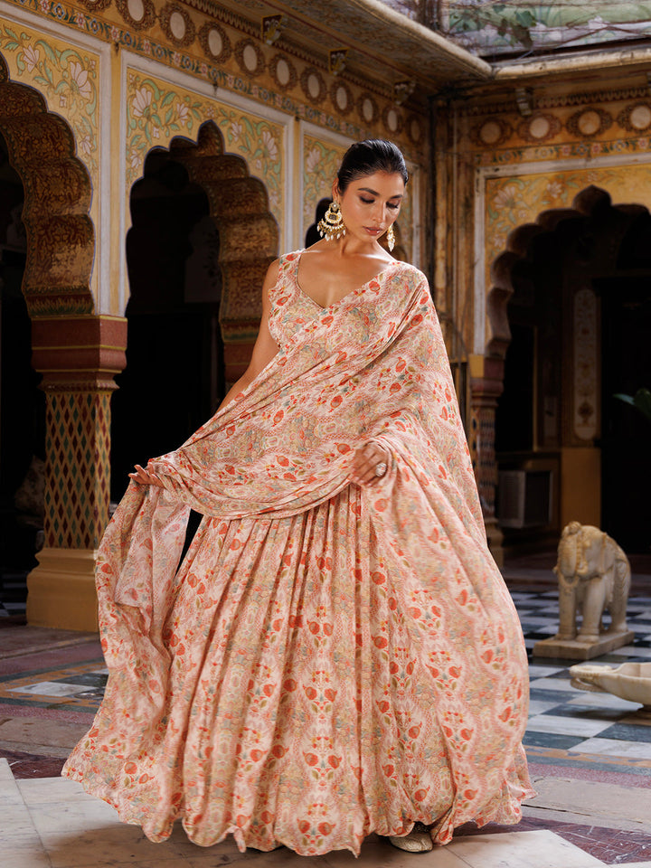 Off White Floral Printed Chinon Lehenga  - By Ragavi