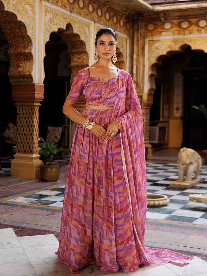 Purple Printed Chinon Lehenga with Floral Design and Embroidered Border - By Ragavi