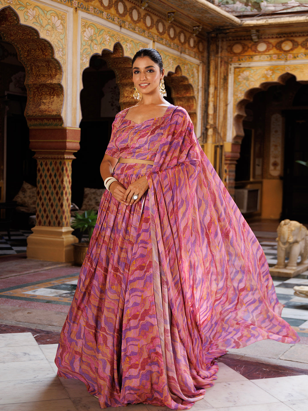 Purple Printed Chinon Lehenga  - By Ragavi