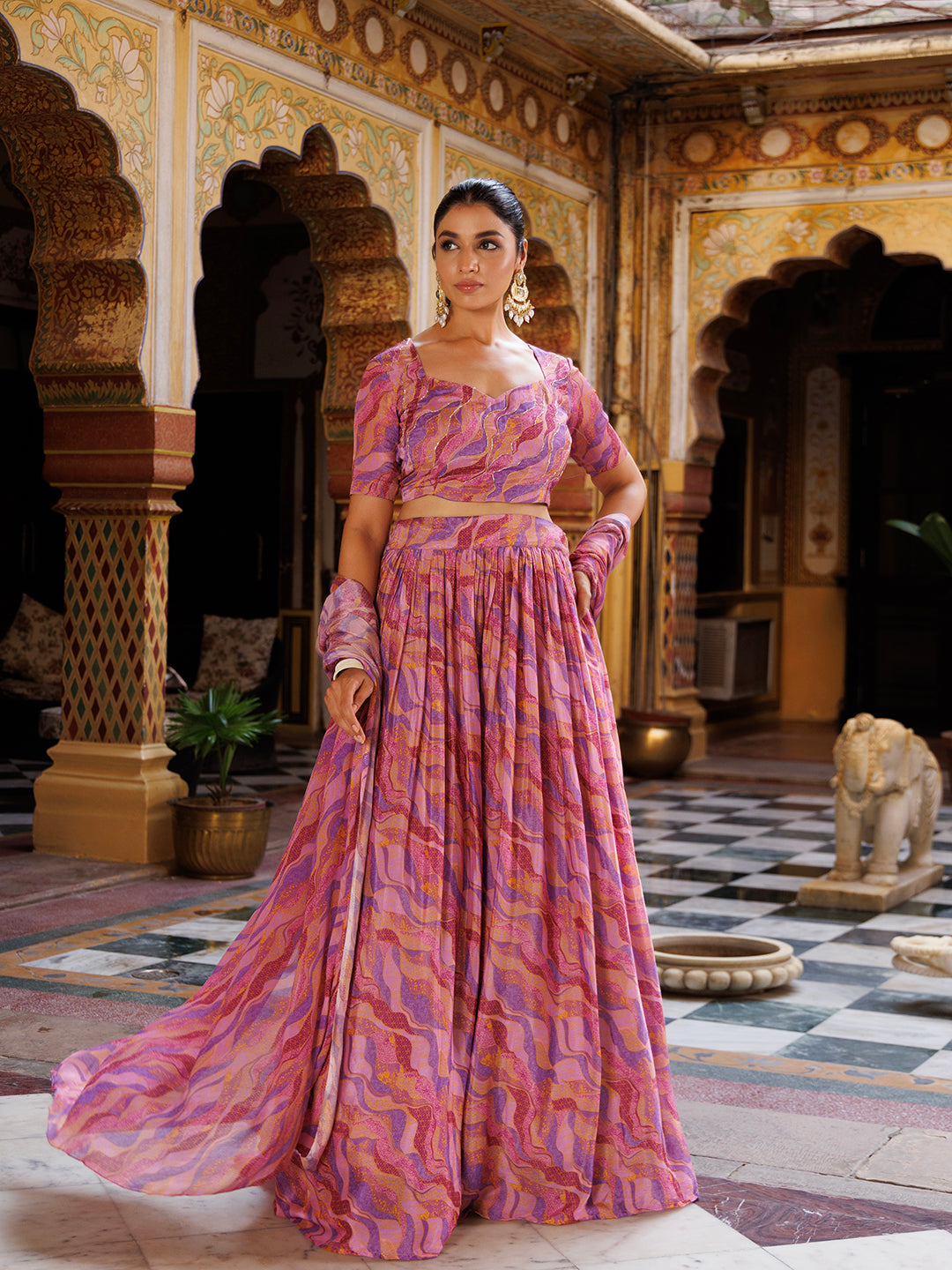 Purple Printed Chinon Lehenga  - By Ragavi