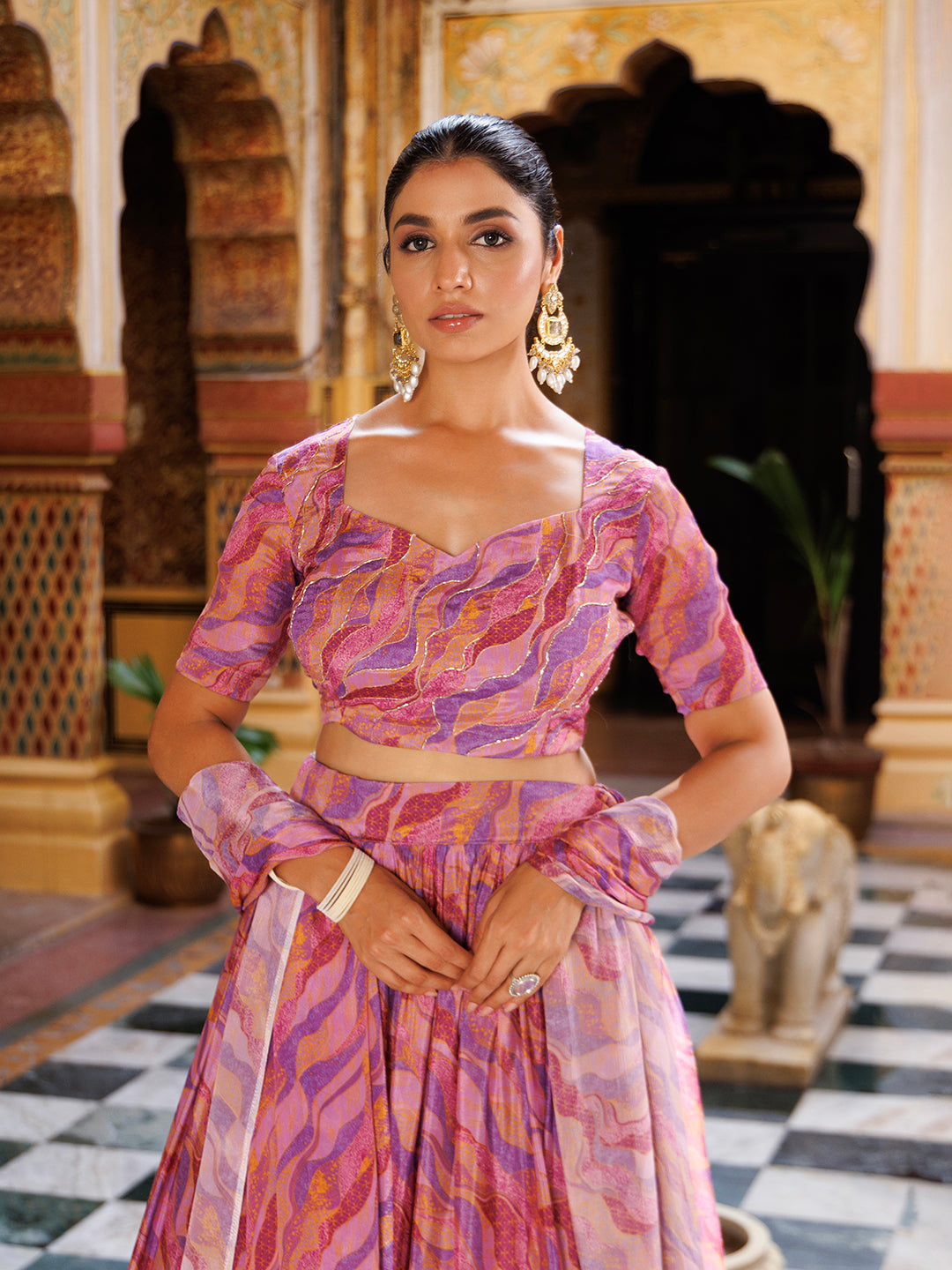 Purple-chinon-lehenga-with-exquisite-printed-design