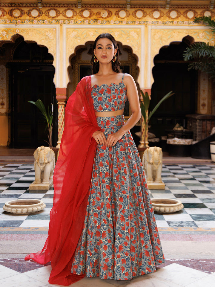 Ragavi Titanium Grey Red Lehenga Set with intricate silver embroidery and embellishments