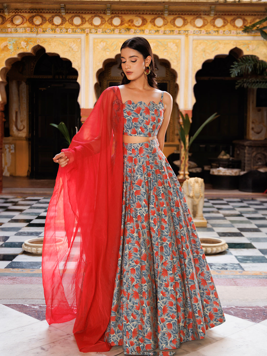 Titanium Grey Red Chanderi Lehenga Set  - By Ragavi