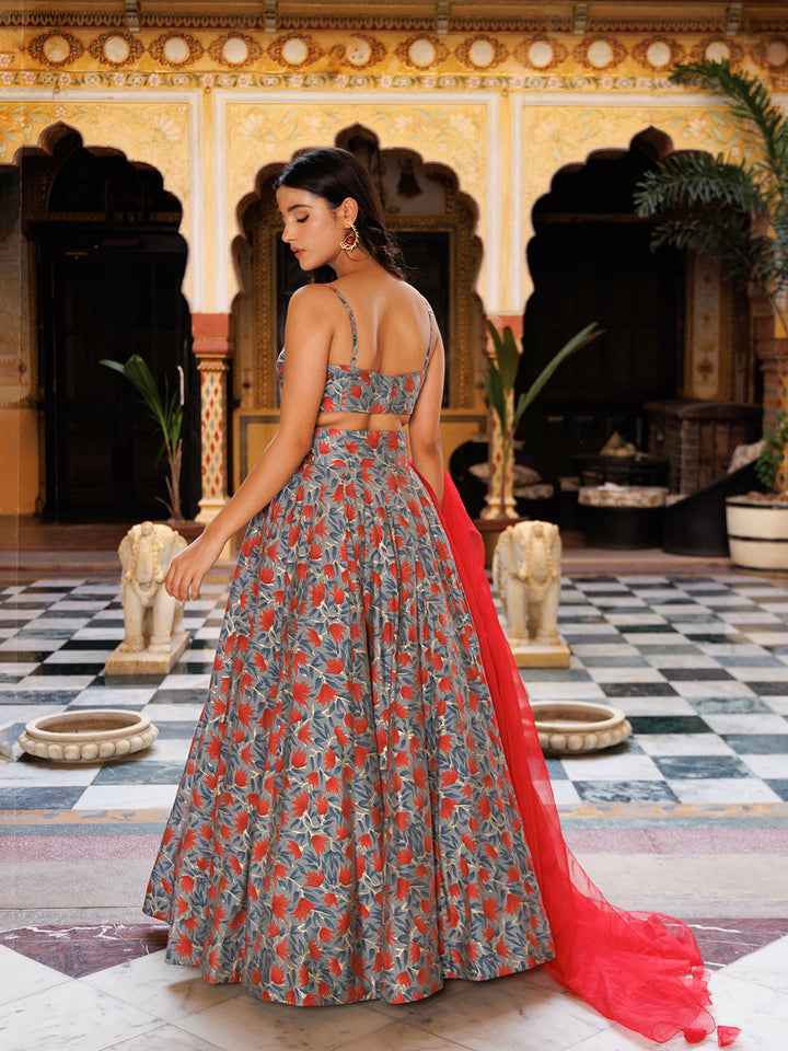  Back view of the Titanium Grey Red Chanderi Lehenga Set - By Ragavi lehenga, featuring the stunning back design and intricate detailing 