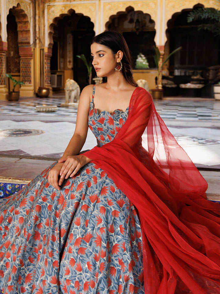 Classic and timeless grey and red lehenga set for special occasions