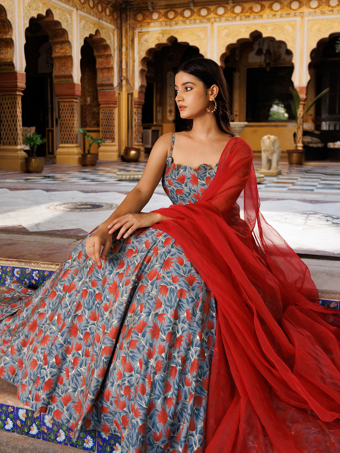 Titanium Grey Red Chanderi Lehenga Set  - By Ragavi