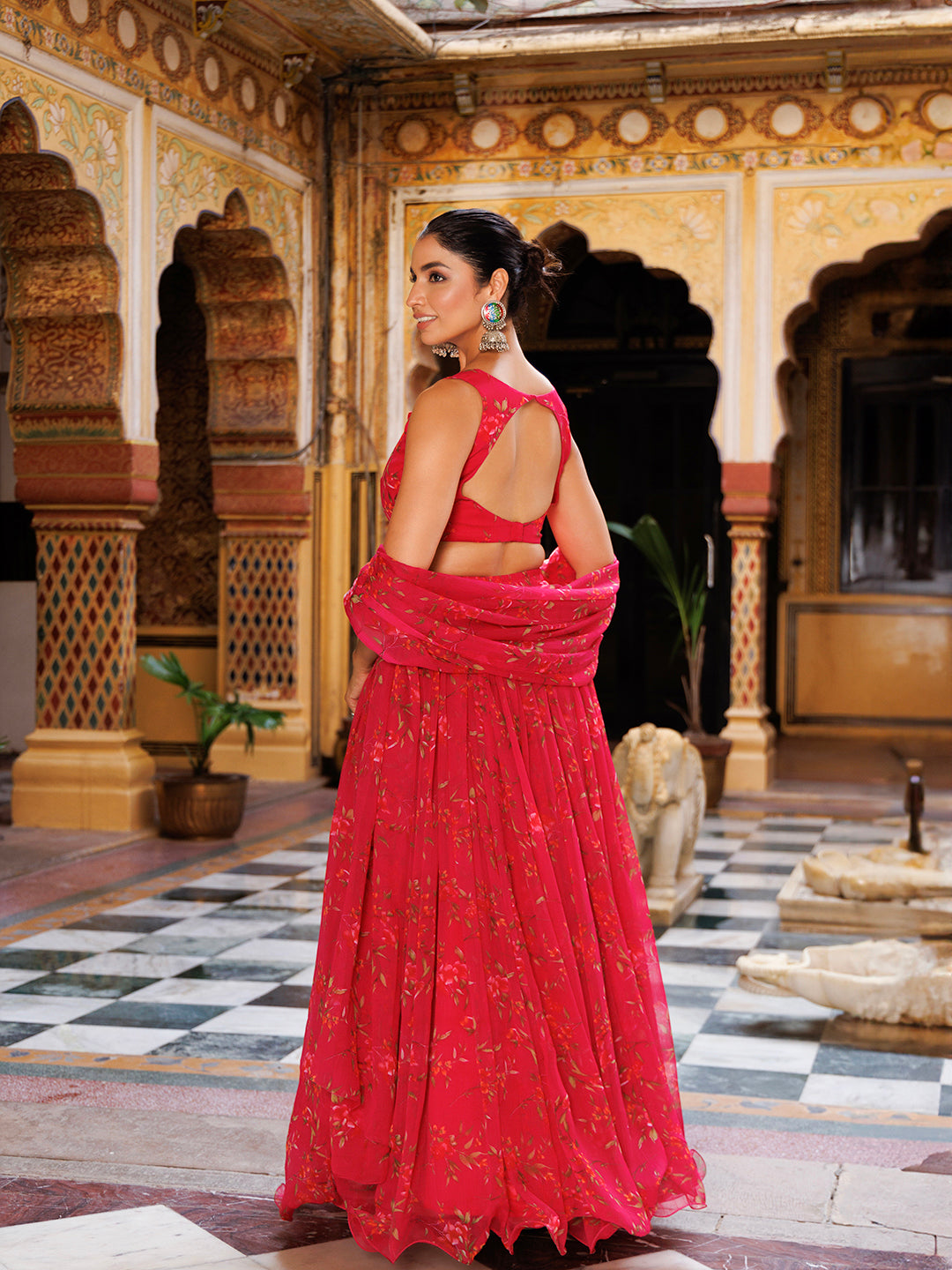 Beautiful pink floral print chiffon lehenga with matching blouse and dupatta