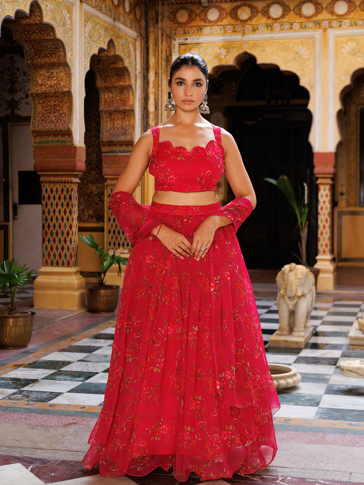 Barbados Cherry Pink Floral Printed Chiffon Lehenga Set with intricate embroidery