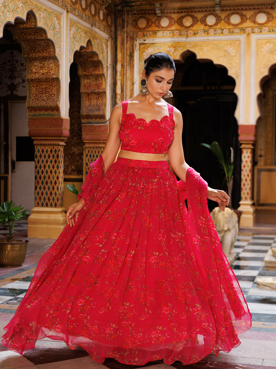 Barbados Cherry Pink Floral Printed Chiffon Lehenga Set  - By Ragavi