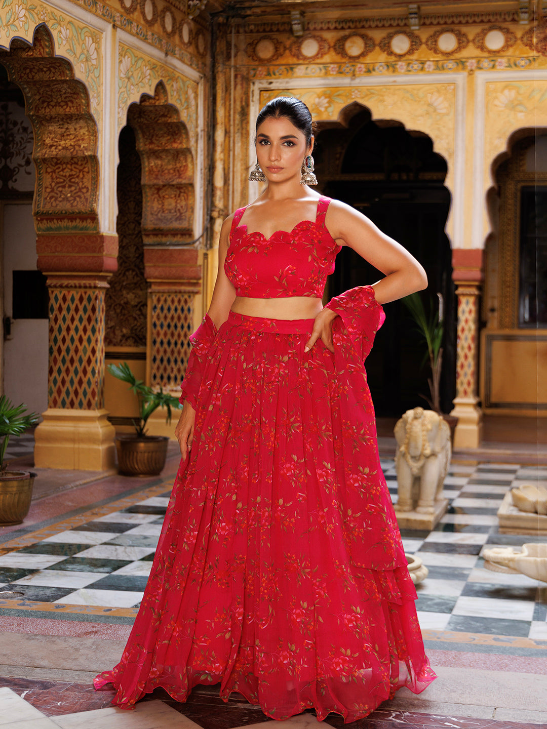 Beautiful Barbados Cherry Pink Floral Printed Chiffon Lehenga Set by Ragavi, perfect for any special occasion or event