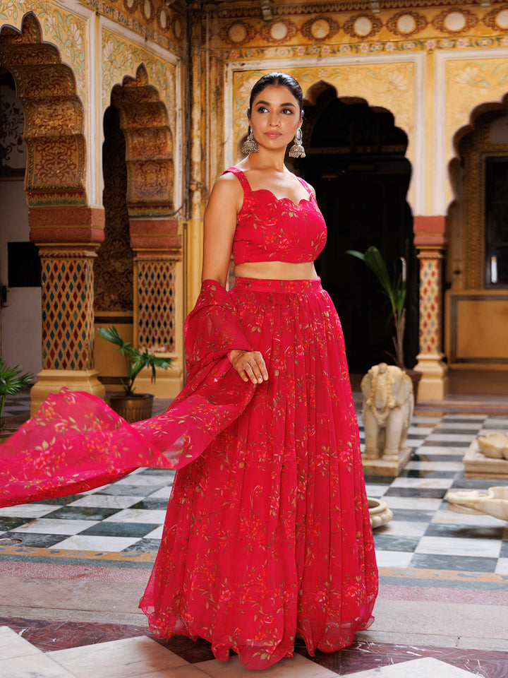 Barbados Cherry Pink Floral Printed Chiffon Lehenga Set by Ragavi