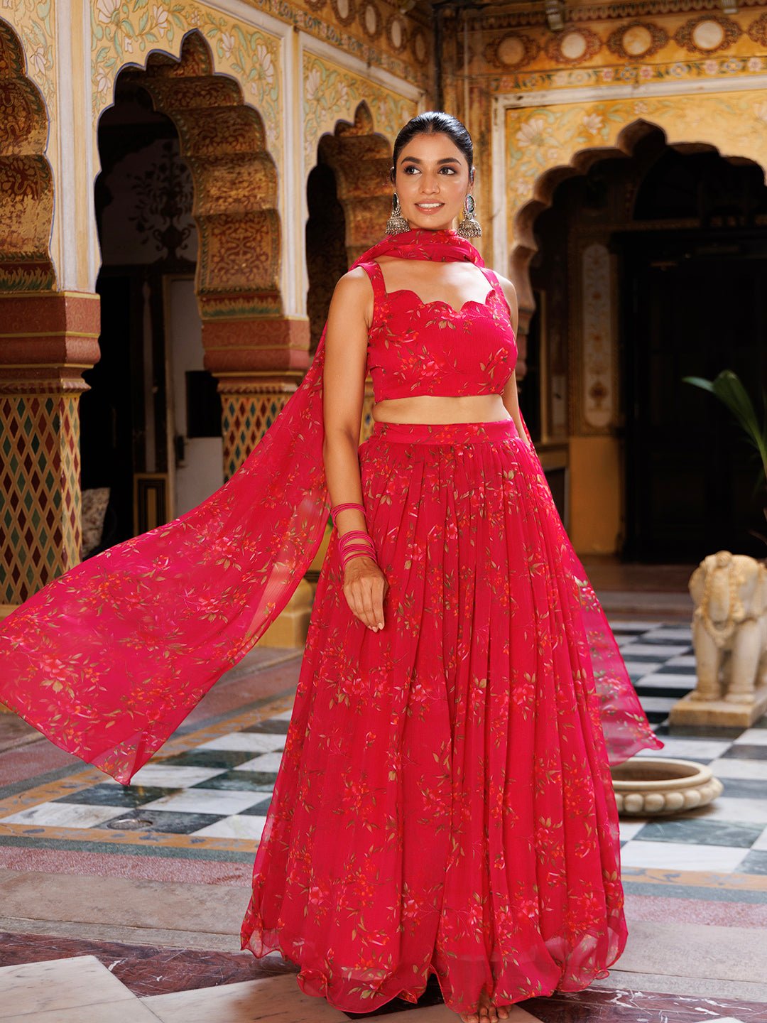 Gorgeous chiffon lehenga set featuring Barbados Cherry Pink Floral Print