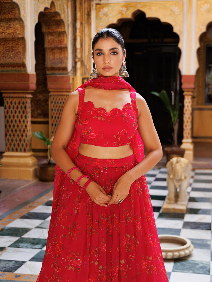 Barbados Cherry Pink Floral Printed Chiffon Lehenga Set by Ragavi, a stunning traditional Indian outfit with intricate floral designs on a chiffon fabric