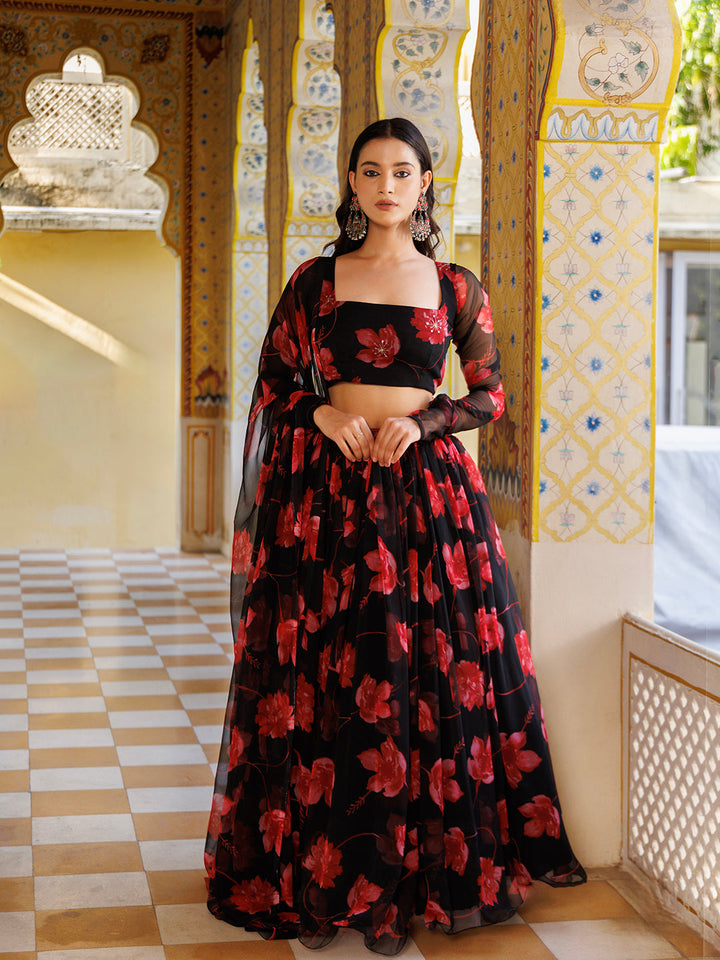  Stunning black and red chiffon lehenga set with intricate floral print by Ragavi