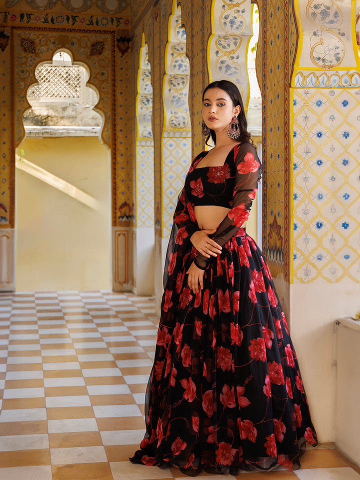 Beautiful Scarlett Rose Black And Red Floral Printed Chiffon Lehenga Set by Ragavi, perfect for special occasions and events