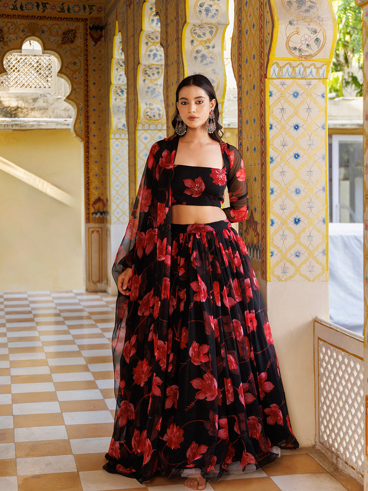  Ragavi's floral printed chiffon lehenga set in black and red for a glamorous look