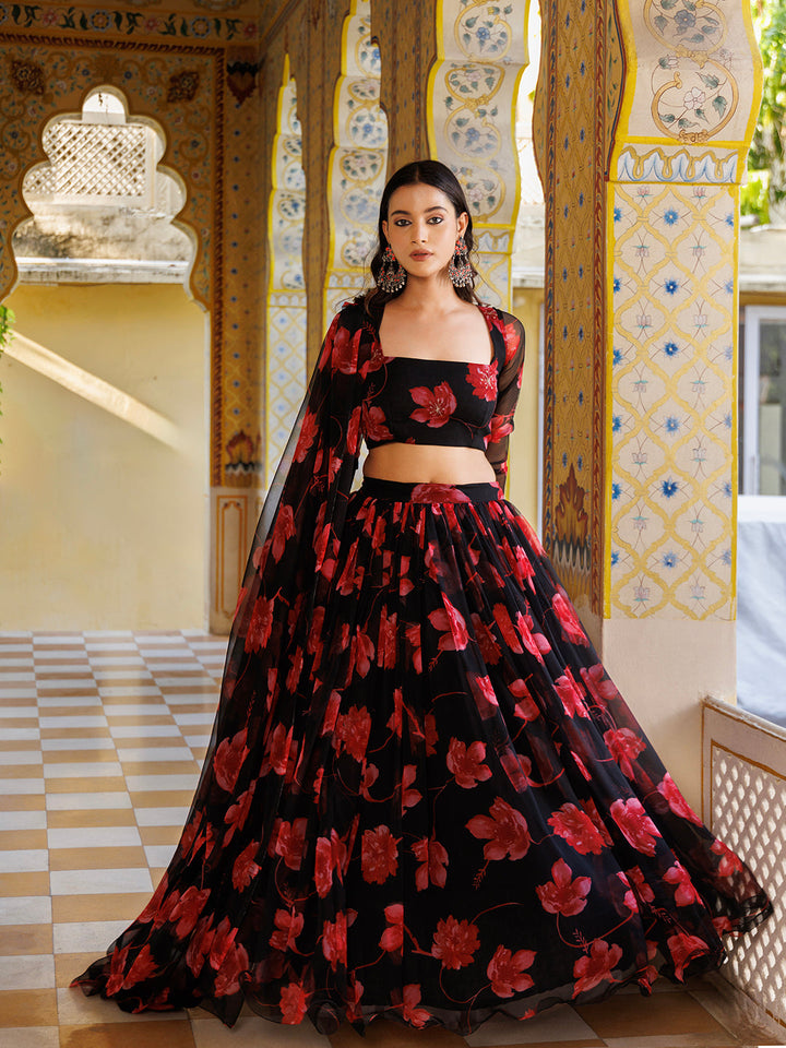 Beautiful Scarlett Rose Black And Red Floral Printed Chiffon Lehenga Set by Ragavi, perfect for special occasions and events