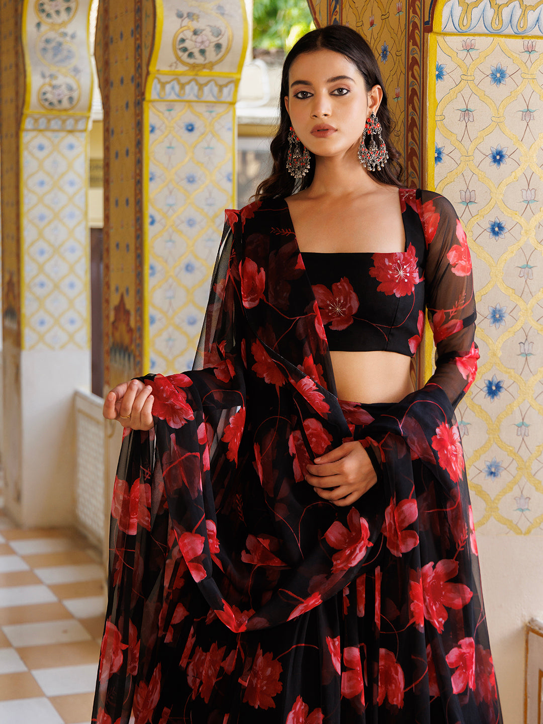  Elegant and stylish floral printed chiffon lehenga set in black and red