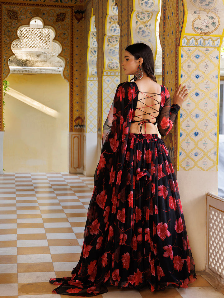 Scarlett Rose Black And Red Floral Printed Chiffon Lehenga Set - By Ragavi, a stunning traditional outfit with intricate floral patterns and flowing chiffon fabric