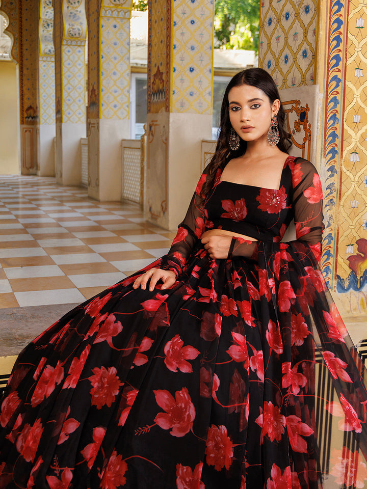 Scarlett Rose Black And Red Floral Printed Chiffon Lehenga Set - By Ragavi - Beautifully designed traditional Indian outfit with intricate floral patterns in black and red on lightweight chiffon fabric