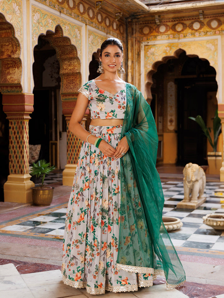 Grey and Green Printed Chinon Lehenga  - By Ragavi