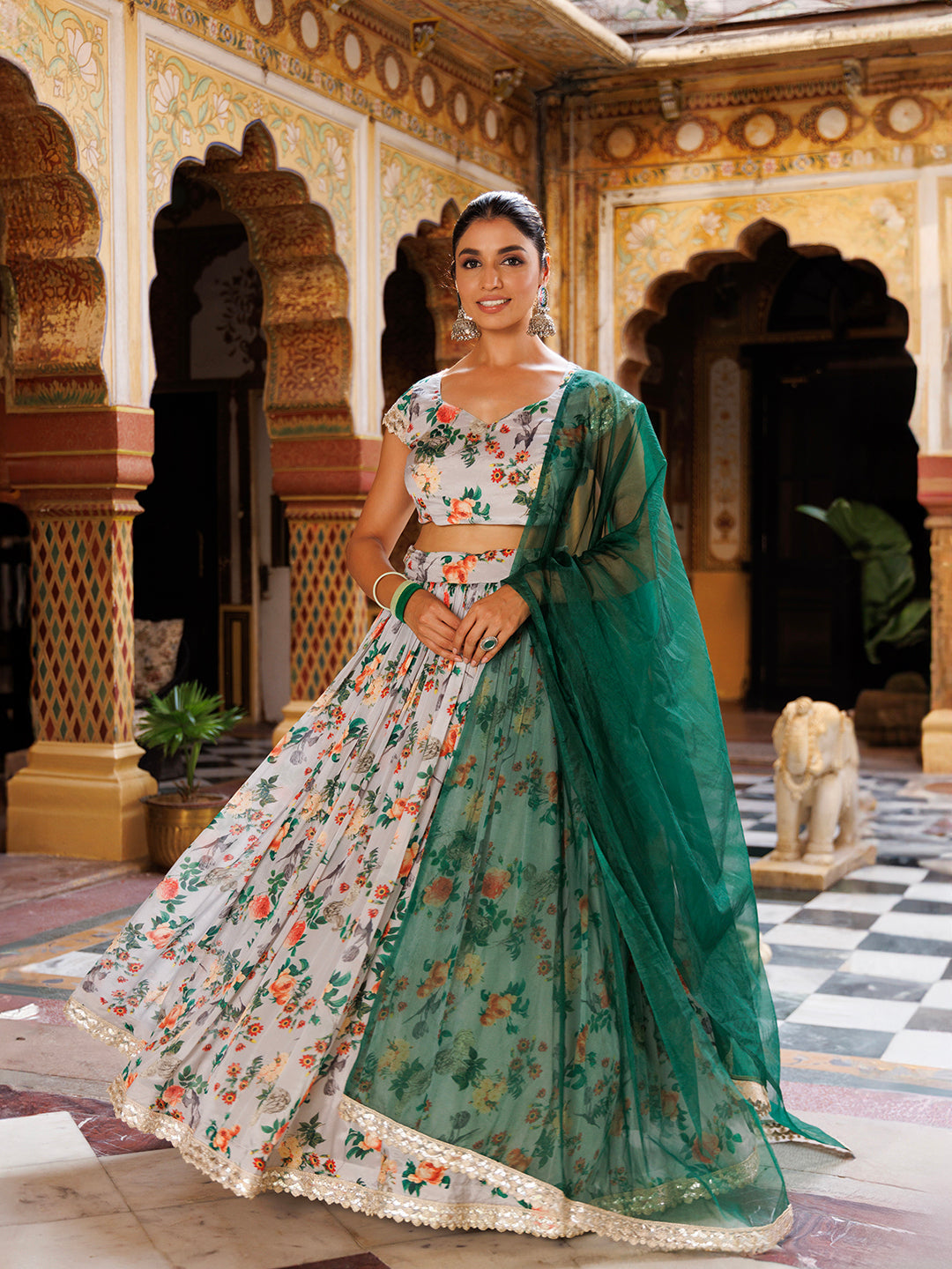 Gorgeous Ragavi Grey and Green Printed Chinon Lehenga with intricate patterns