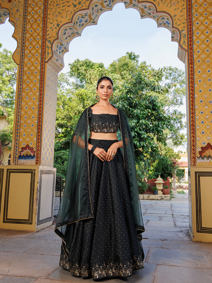  Gorgeous Colonial Green Gold Foil Printed Silk Lehenga Set by Ragavi showcasing the flowy silhouette of the lehenga skirt