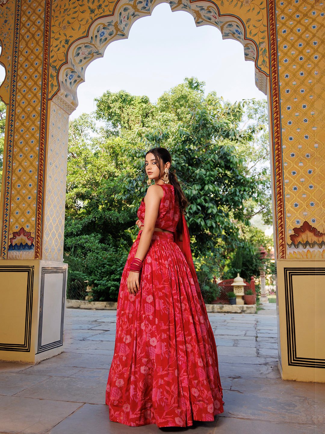 Maroon Floral Printed Pure Chinon Lehenga - By Ragavi