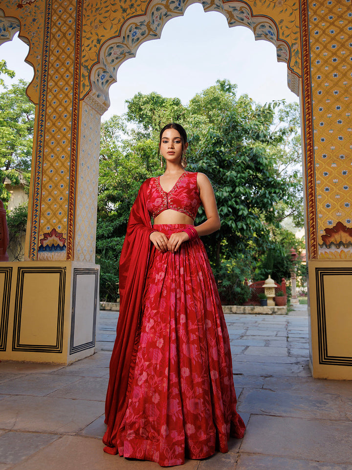 Beautiful lehenga with a vibrant mahroon floral print and gold embellishments