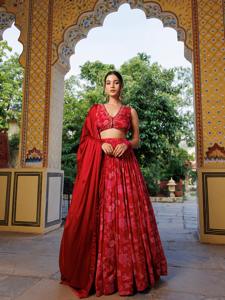 Maroon Floral Printed Pure Chinon Lehenga - By Ragavi