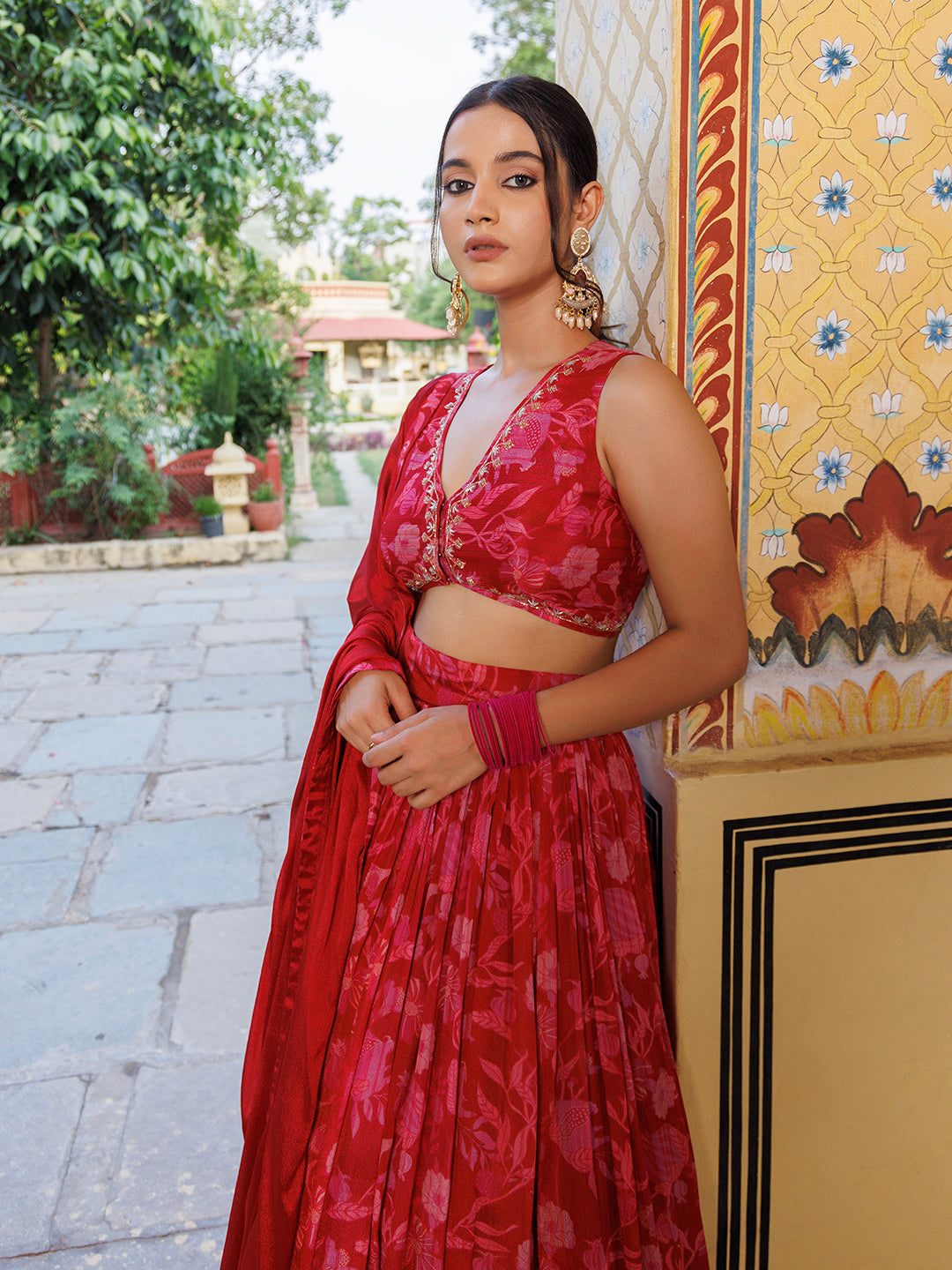 Gorgeous traditional Indian lehenga with mahroon floral print and intricate design