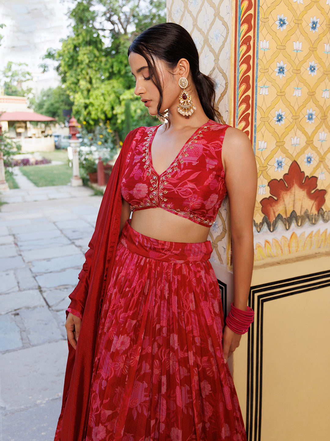 Stunning pure chinon lehenga adorned with intricate floral print and gold detailing