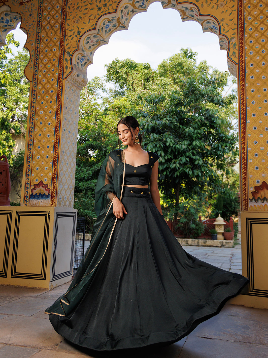  Full-length shot of the Green Bay Embroidered Silk Lehenga Set showcasing the flowy skirt, crop top, and dupatta