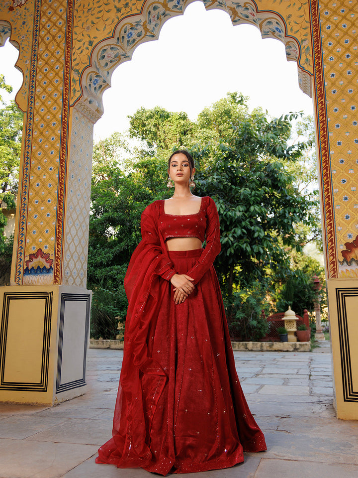 True Red Velvet Mukaishwork Lehenga Set with intricate golden embroidery and matching dupatta