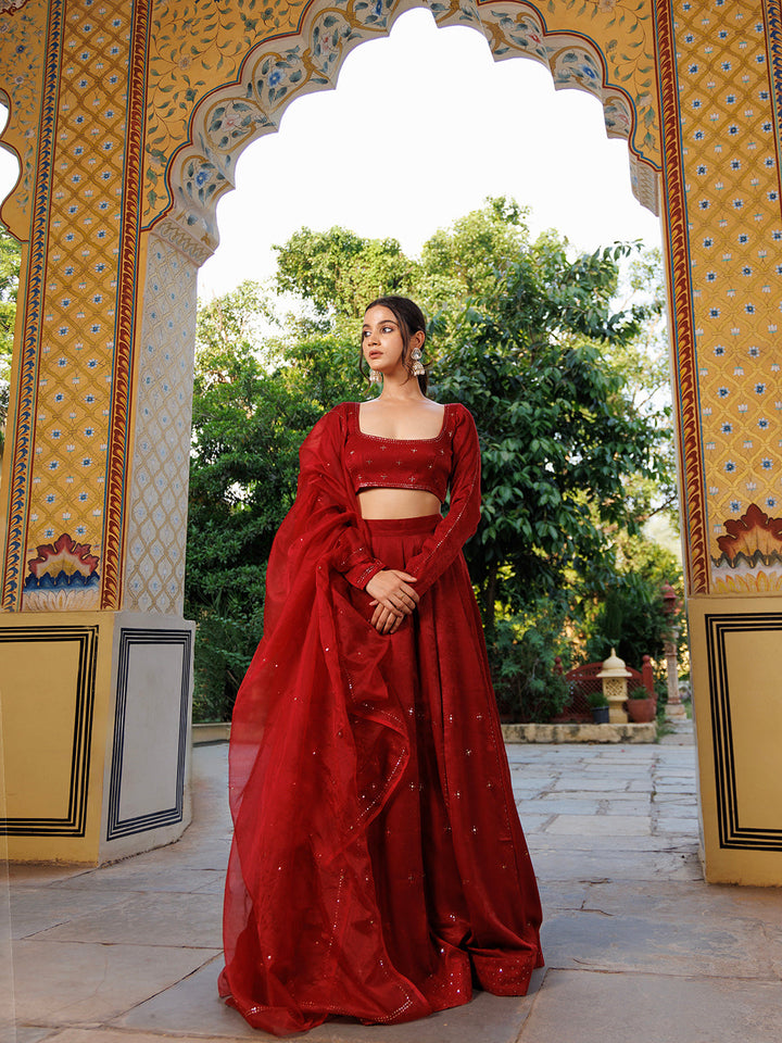 Exquisite True Red Velvet Lehenga Set with stunning golden embellishments