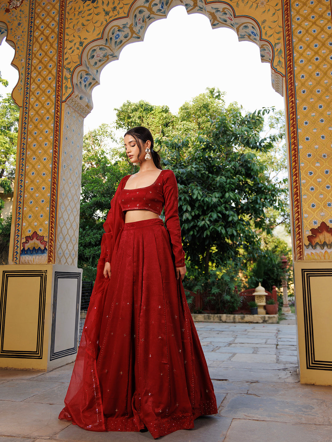 True Red Velvet Mukaish work Lehenga Set