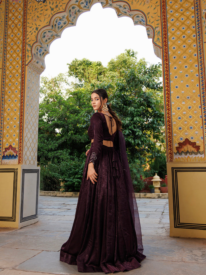 Mauve Wine Embroidered Velvet Lehenga Set with Intricate Floral Patterns and Matching Dupatta