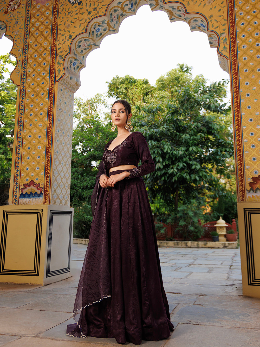 Luxurious Mauve Wine Velvet Lehenga Set with Gold Embellishments