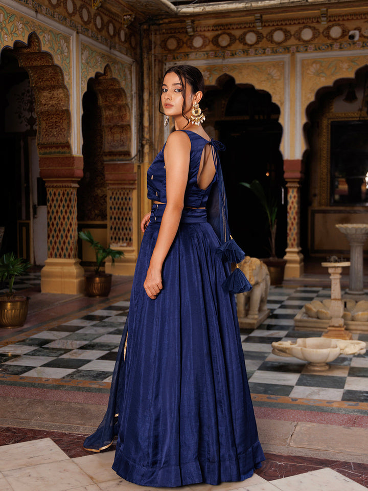 Deja Vu Blue Embroidered Silk Lehenga Set  - By Ragavi