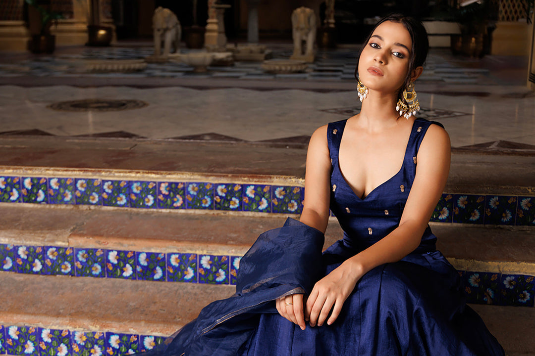 Deja Vu Blue Embroidered Silk Lehenga Set  - By Ragavi