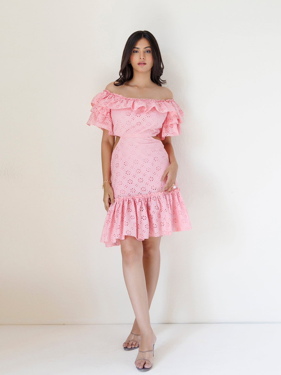 Peony Pink Cotton Schiffli Dress by ragavi