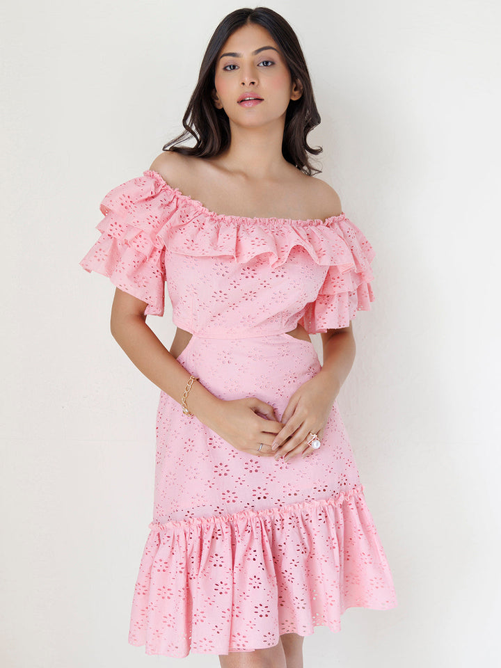 Peony Pink Cotton Schiffli Dress by ragavi