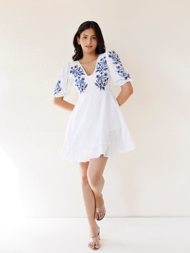 Indigo White Embroidered Cotton Dress by ragavi