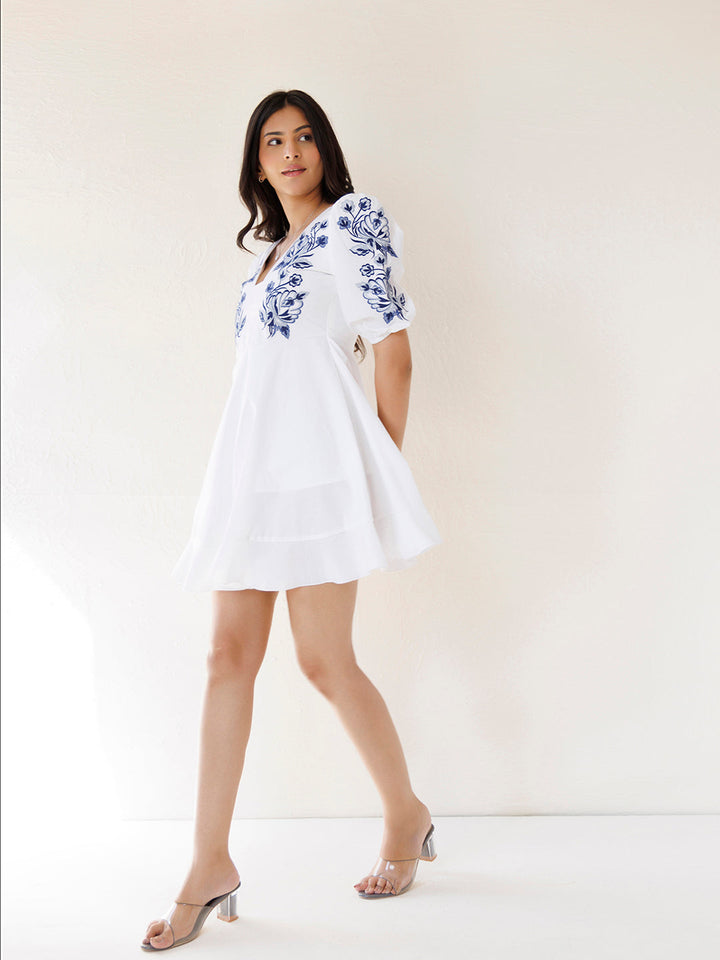 Indigo White Embroidered Cotton Dress by ragavi