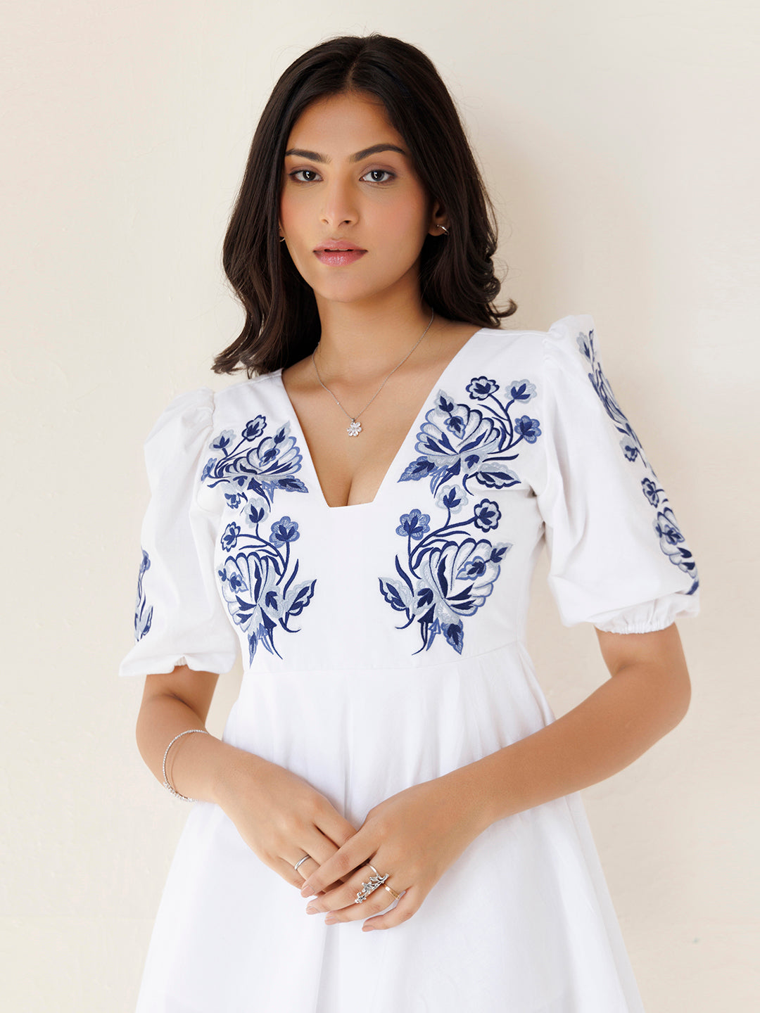 Indigo White Embroidered Cotton Dress by ragavi