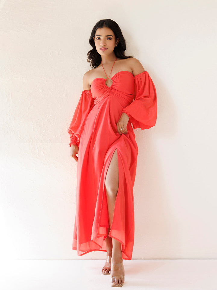 Peony Coral Chiffon Dress by ragavi